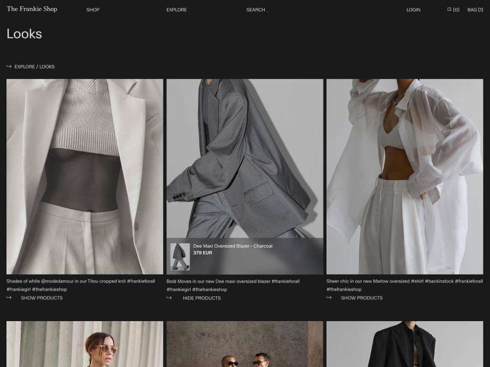 Three fashion photos showing cropped knit and blazer outfits in white and charcoal shades.