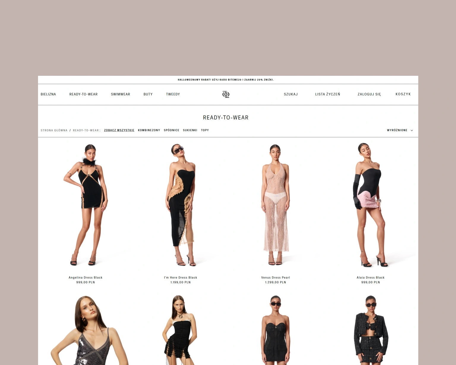 Online store page featuring models displaying various elegant dresses and outfits, including black, beige, and sequined designs, with prices in PLN.